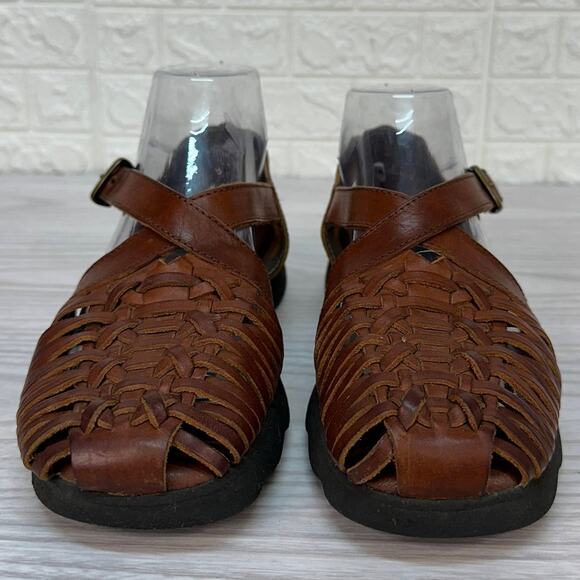 Trader Bay Sandal WMNS 9 Brown Open Weave Leather Woven Buckle Strap Vintage 90s - Picture 3 of 6